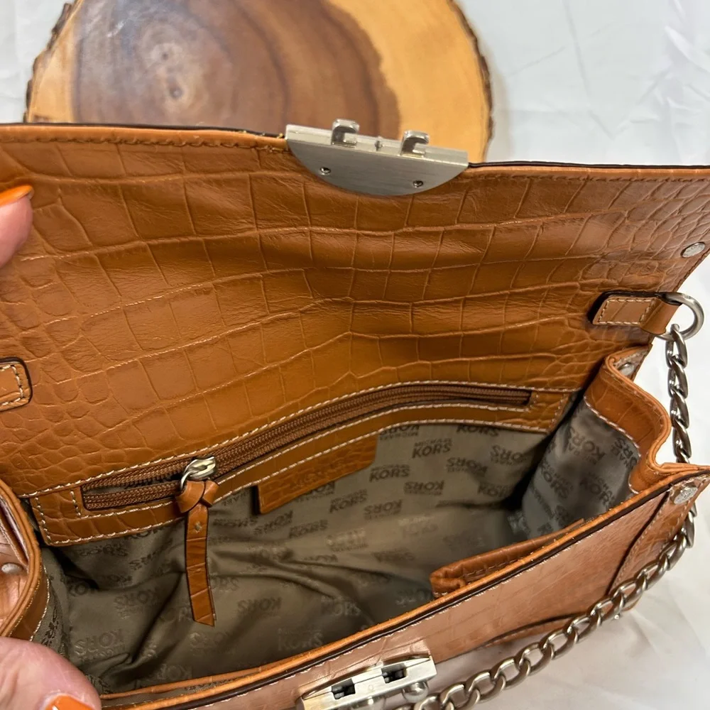 Cognac Croc-Embossed Leather Shoulder Bag with Silver Chain